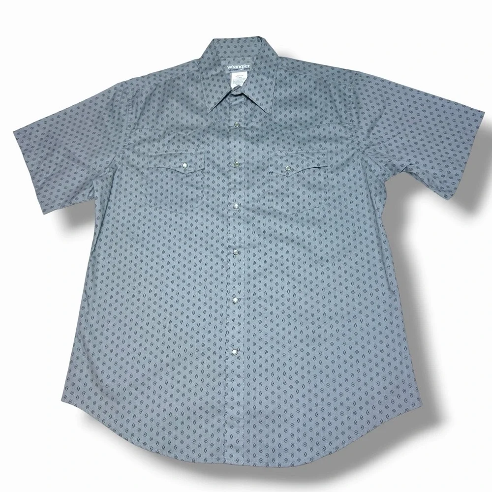 Wrangler Western Pearl Snap Shirt Men Large Short Sleeve Grey Geometric Diamond